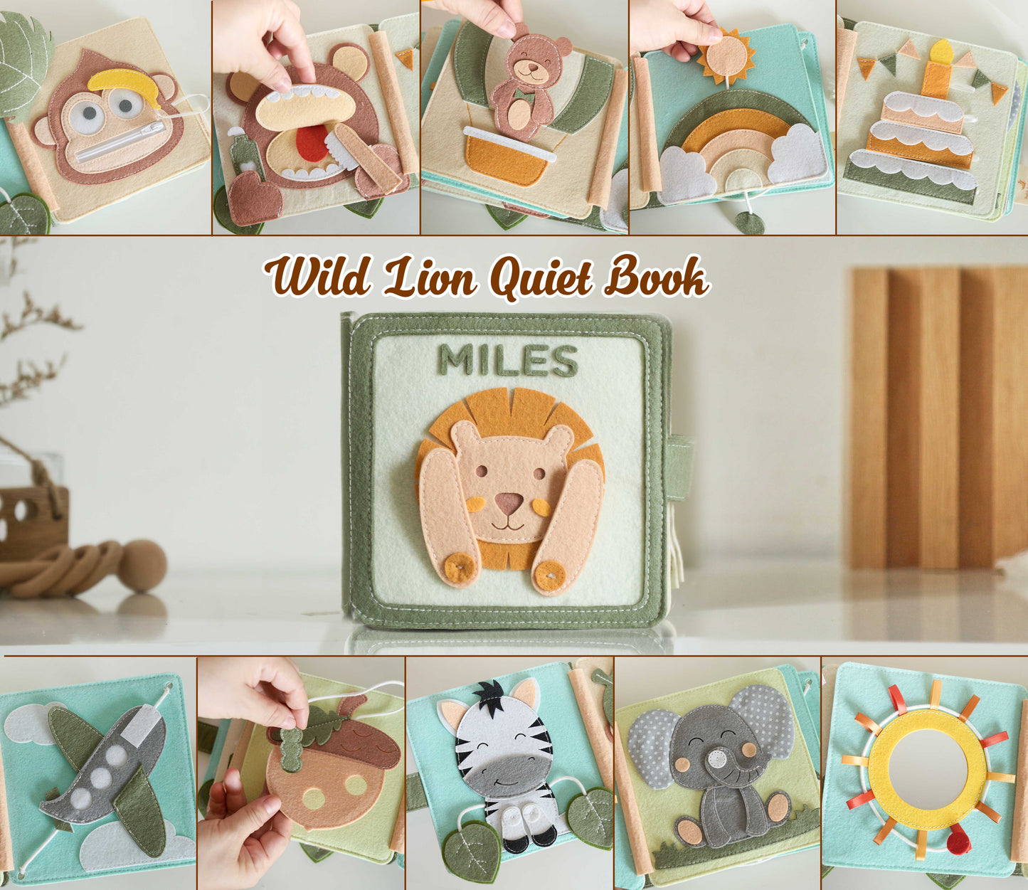 Handmade felt quiet book, Customized soft Montessori-inspired book, First birthday present - WILD LION