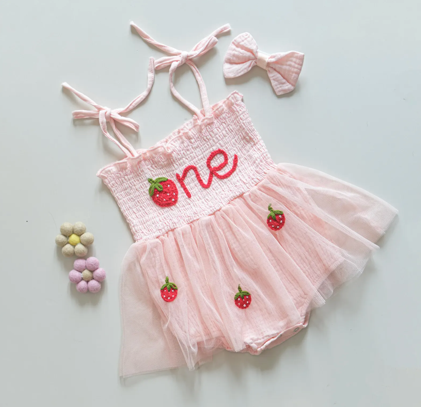 Personalized Hand Embroidered Baby Girl Dress - Strawberry Theme Set