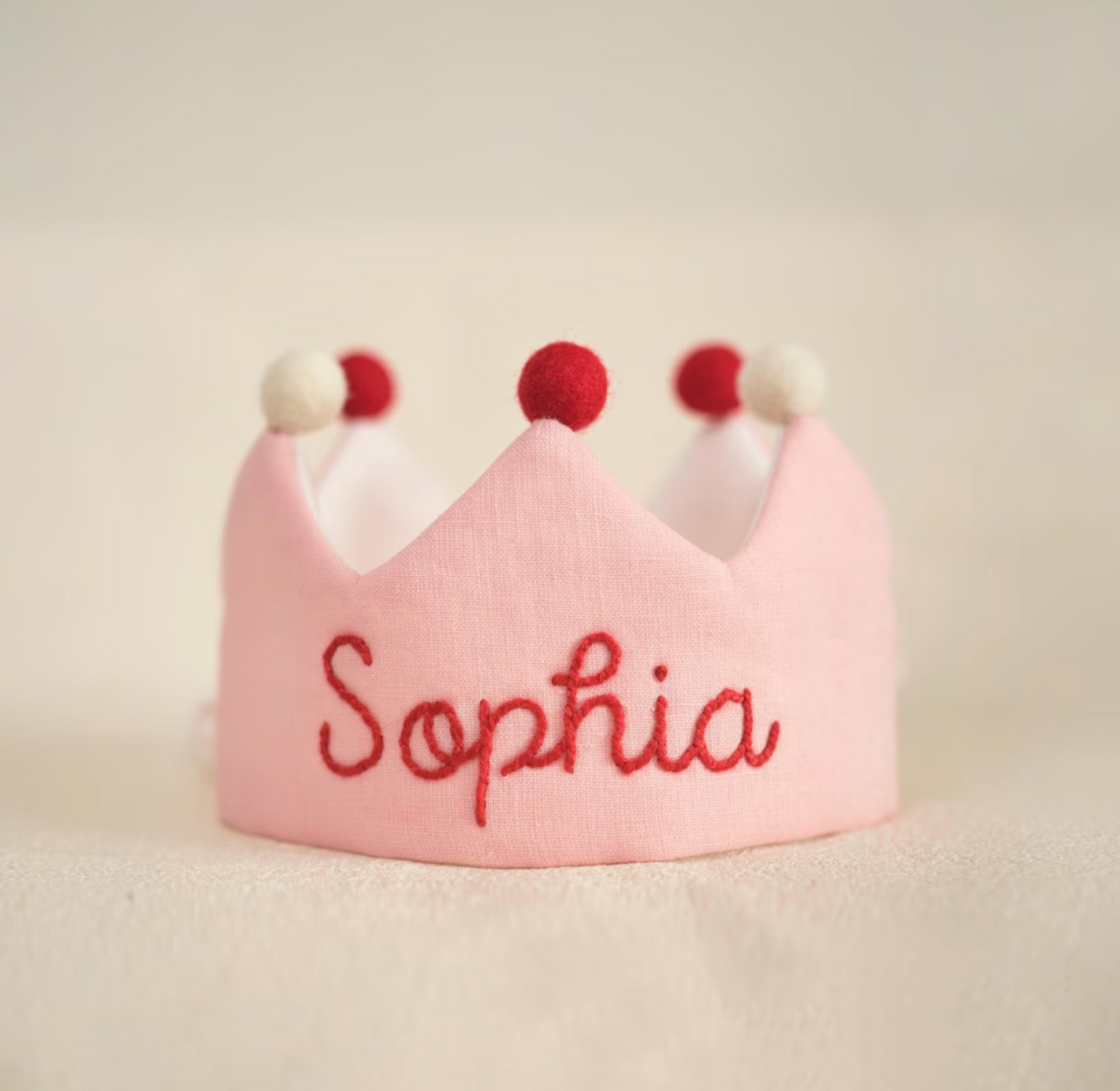 Personalized Hand Embroidered Linen Crown - Strawberry Theme Set