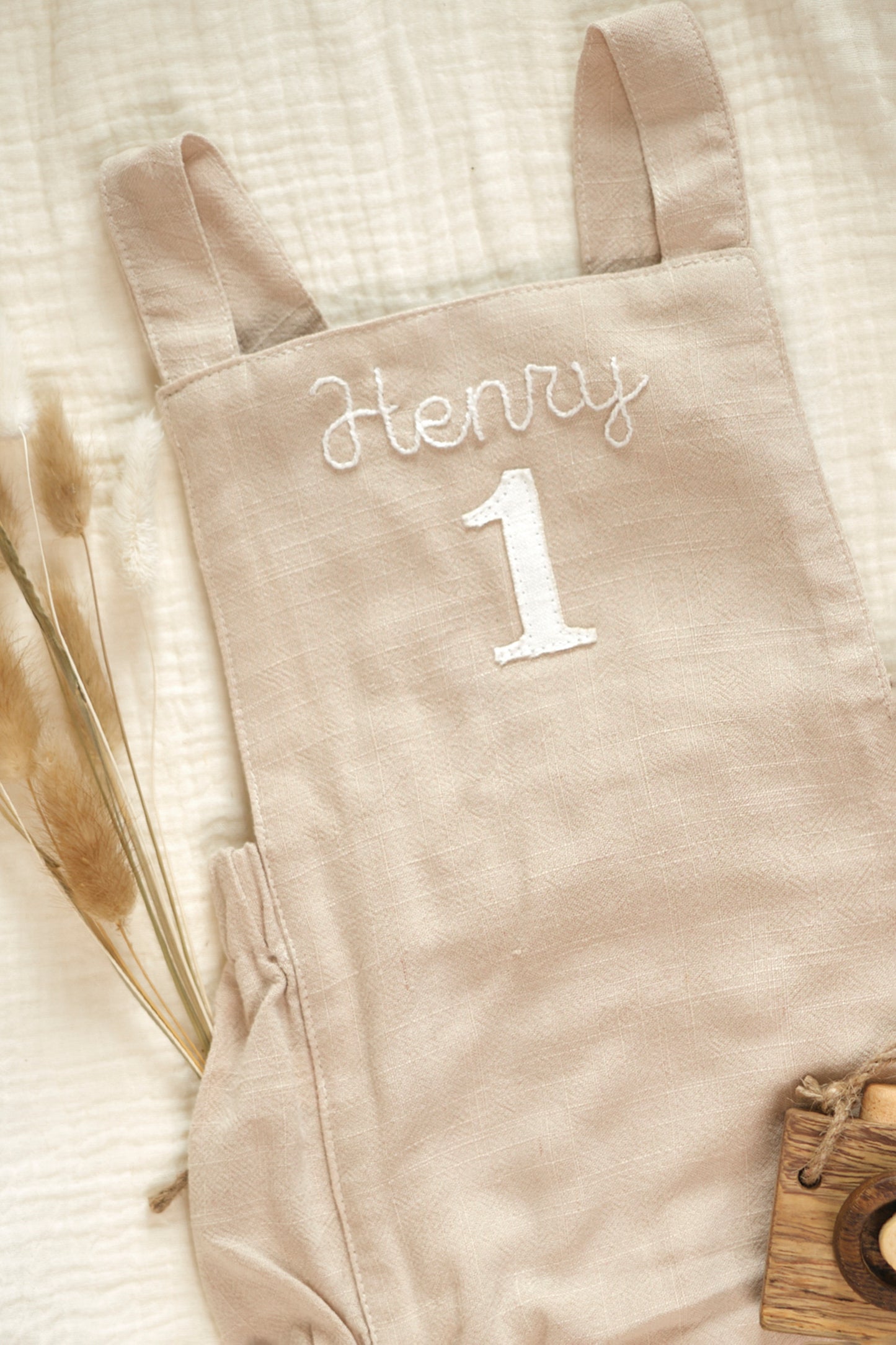 Name and "1" Hand Embroidered Boy Romper