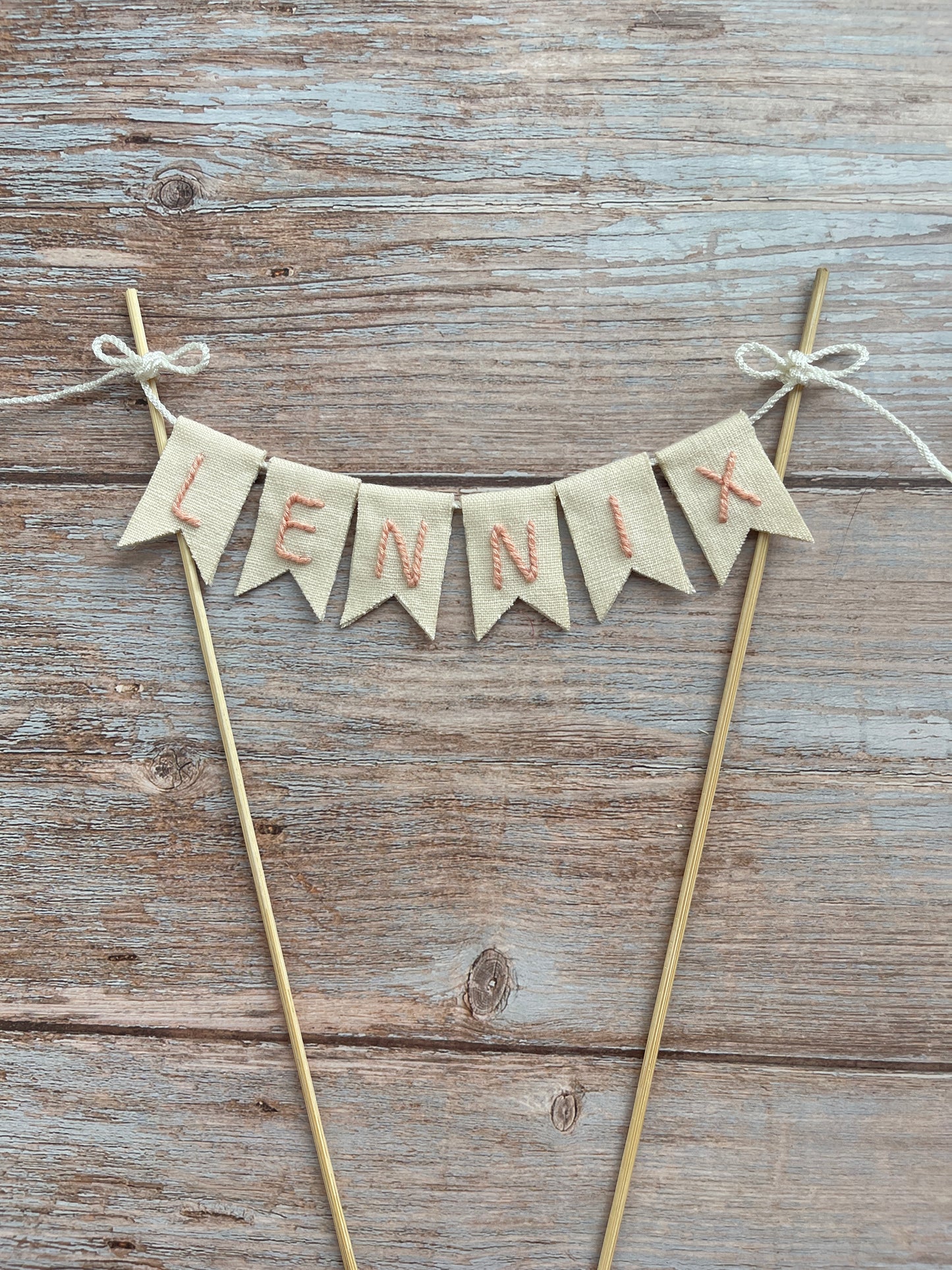 Handmade Birthday Name Linen Flag Pennant Cake Topper