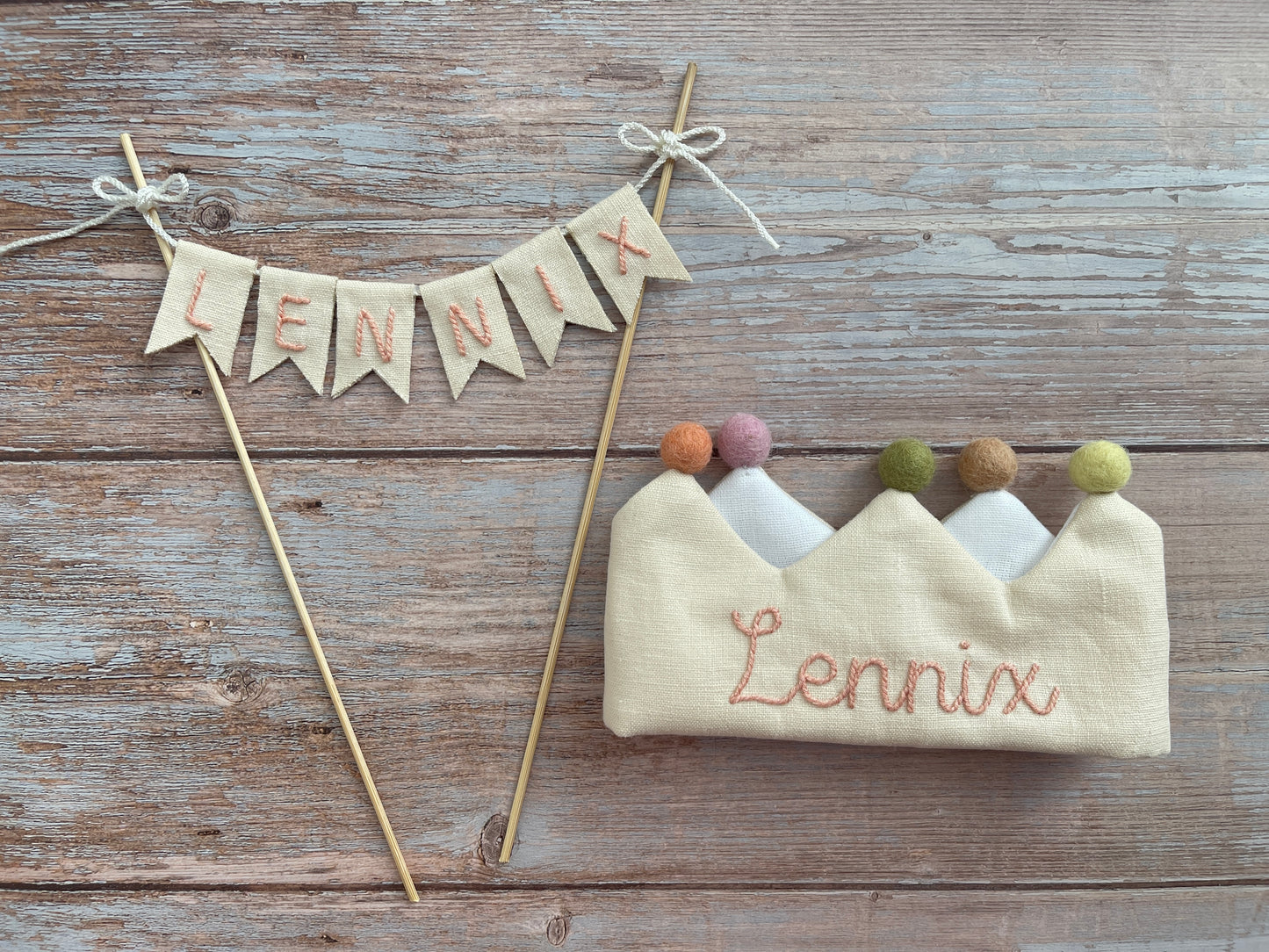 Handmade Birthday Name Linen Flag Pennant Cake Topper