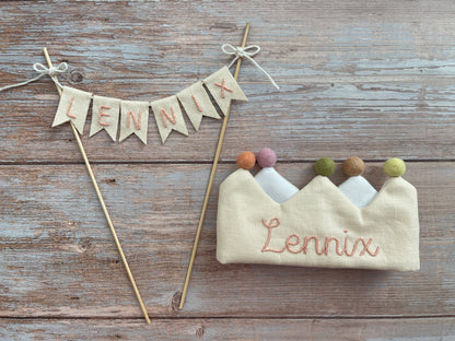 Handmade Birthday Name Linen Flag Pennant Cake Topper