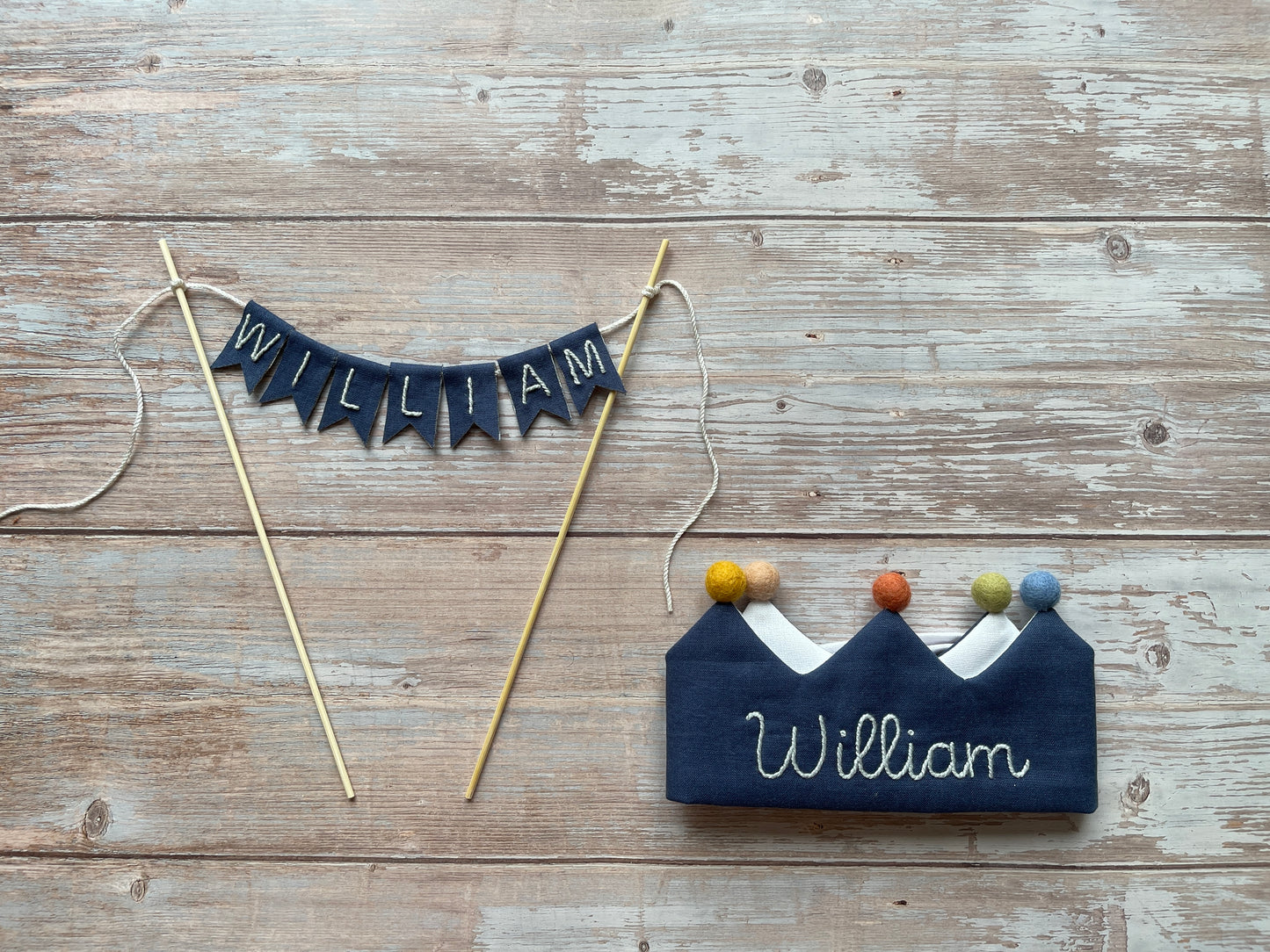 Handmade Birthday Name Linen Flag Pennant Cake Topper