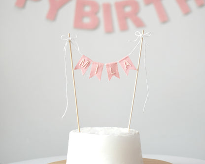 Handmade Birthday Name Linen Flag Pennant Cake Topper